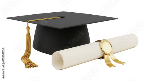 Foto Graduation cap and diploma isolated PNG on transparent background, academic mort