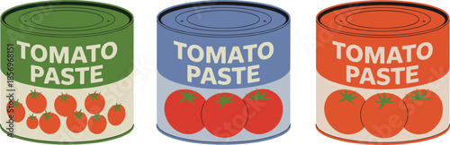 Vector illustration of three tomato paste cans with colorful labels, showcasing packaging variations in size, design, and tomato imagery for branding.
