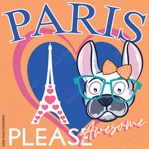 French bulldog design with numbers, patches, and decorative elements in a collegiate sportswear style. Patches and rhinestones with crystals.