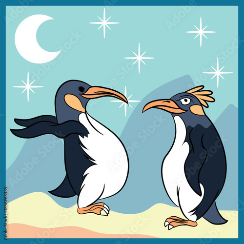 Emperor penguin with chick and mate, winter design for all types of events, animal life and background with snowflakes