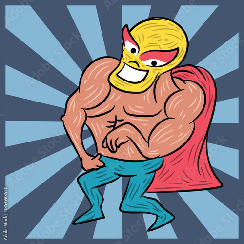 Mexican wrestler with mask in different poses, design of Mexican culture, urban lifestyle and with entrances and moves of the wrestling.