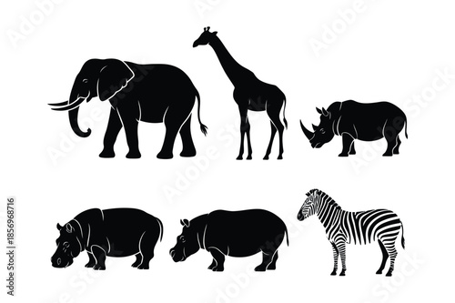 Safari animal silhouette collection with elephant giraffe and rhino