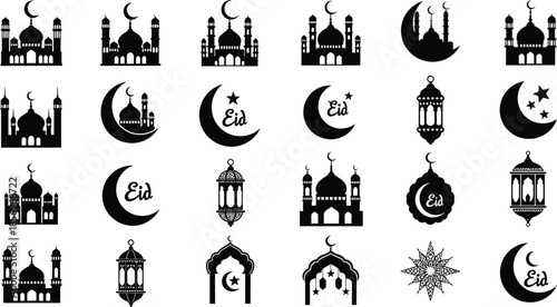 Eid Celebration Vector Icons with Crescent Moons, Lanterns, and Mosque Silhouettes Featuring Eid Mubarak Calligraphy