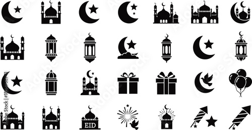 Eid Celebration Vector Icons with Crescent Moons, Lanterns, and Mosque Silhouettes Featuring Eid Mubarak Calligraphy