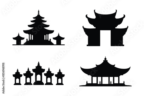 Traditional Asian pagoda and temple silhouettes for oriental design