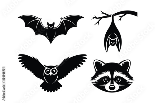 Nocturnal animals icons including bat owl and raccoon face