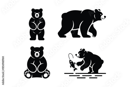 Bear silhouettes in various poses including fishing and walking