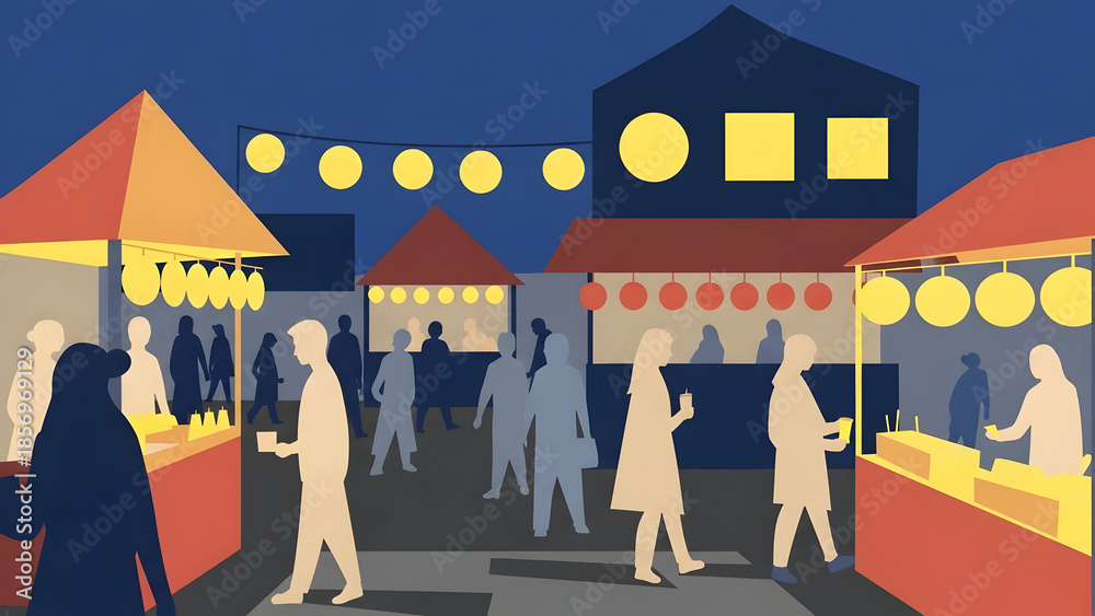 Obraz premium People walking through an illuminated Thai night market scene