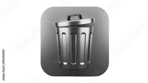 3D Metallic trash can icon with open lid on transparent background