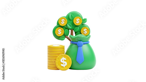 3D Money Tree with Bag of Money and Coins on transparent background