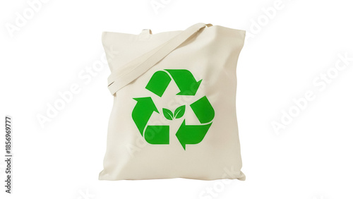 Fotografía Reusable beige tote bag with green recycle symbol isolated PNG, eco-friendly sho