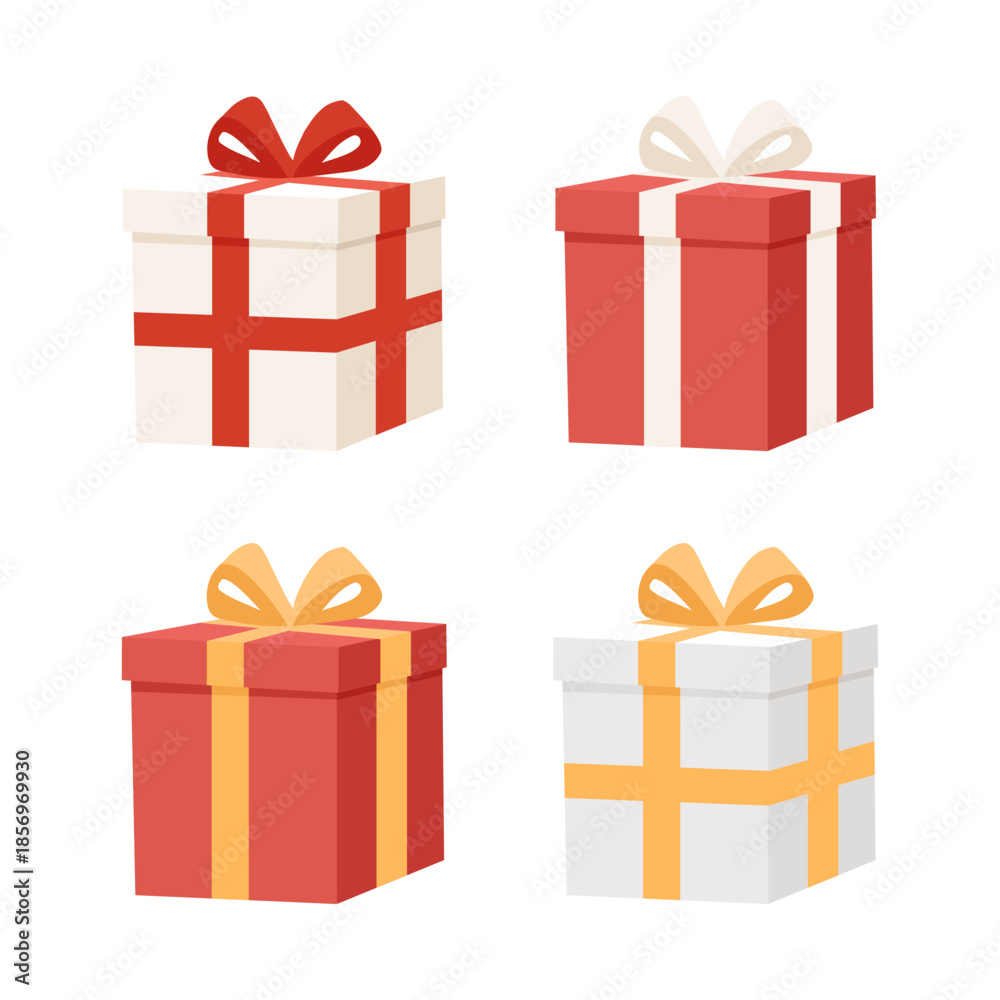 Fototapeta premium Collection of festive gift boxes with ribbons. Illustration.