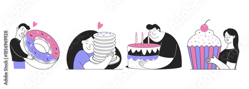 Fun characters holding coffee and pastry. Minimal hand drawn illustrations for postcards, menu. Illustration.