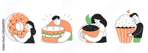 Cute fun characters holding coffee and pastry. Minimal hand drawn illustrations for postcards, menu.
