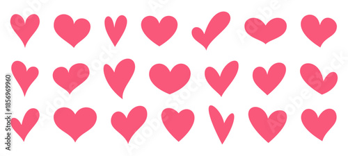 Vector valentine pink heart icons set, hand drawn love symbols collection isolated on transparent background.
