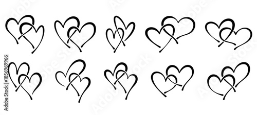 Vector valentine double heart outline set, hand drawn overlapping love symbols collection isolated on transparent background.
