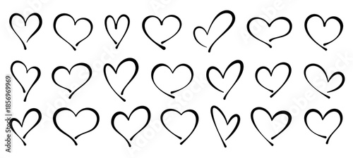 Vector valentine hand drawn heart outline set, black sketch love symbols collection isolated on transparent background.
