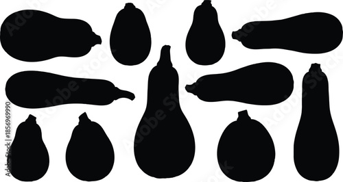 Collection of black silhouettes resembling various vegetable shapes