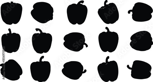 Collection of 15 black pepper or bell pepper silhouettes on white background