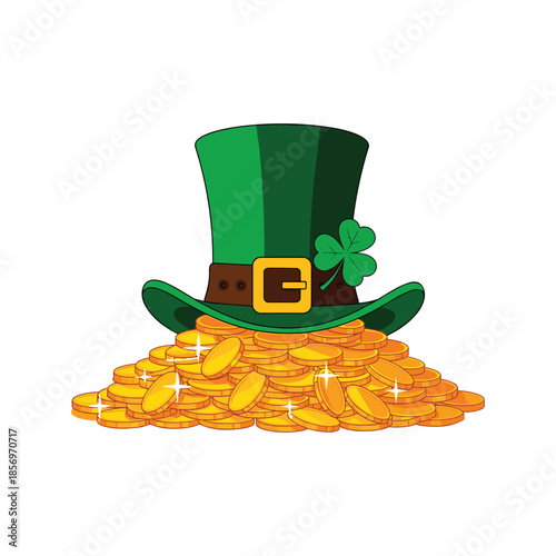 Green leprechaun hat with gold coins isolated on white background, Vector, illustration
