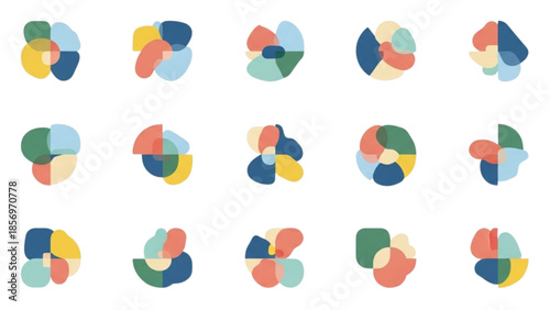 Minimal abstract icons using soft geometric fragments and controlled imbalance, flat vector.