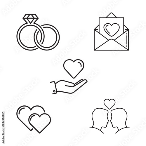 Valentine Line Art Icons — Minimal Love Symbols with Hearts, Rings, Couple and Envelope Clipart