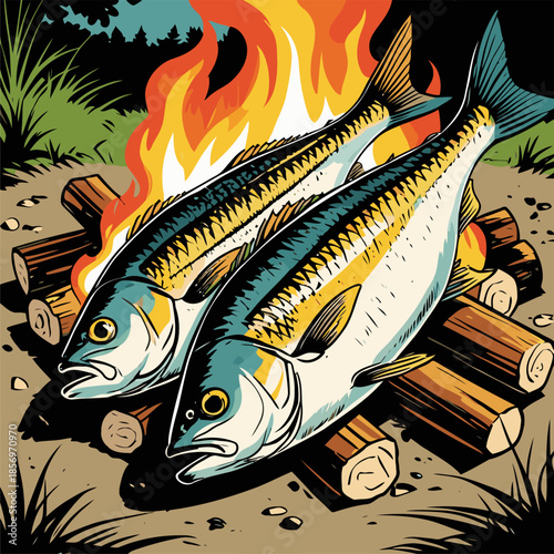 vector image of grilled fish cooked on a campfire