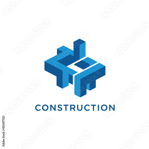 Isometric blue construction logo with a 3d interconnected building shape
