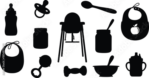 Baby care and feeding utensils silhouette collection