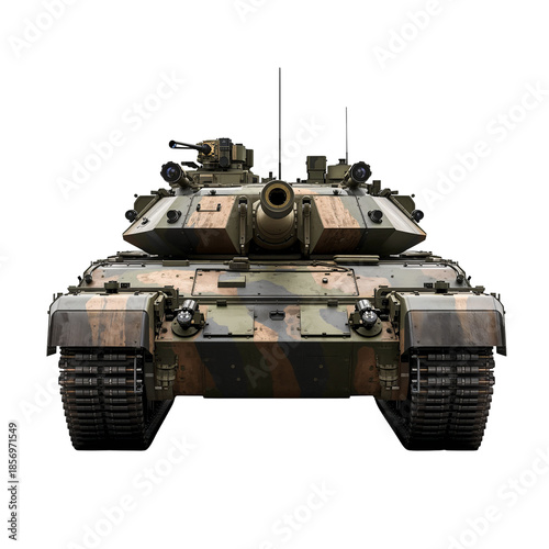 Front view of a modern military tank with camouflage pattern on white background