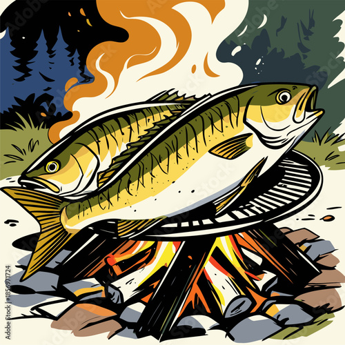 vector image of grilled fish cooked on a campfire