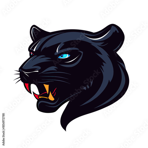 Wallpaper Mural Aggressive black panther head side view with glowing blue eyes and open mouth showing sharp fangs vector illustration for sports mascot or esports logo design concept on white background Torontodigital.ca