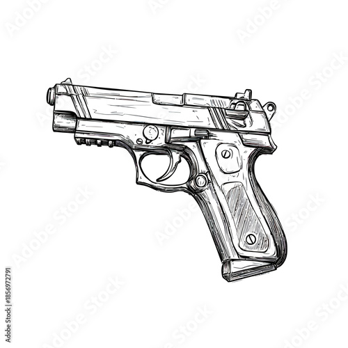 Hand drawn detailed sketch of semi automatic handgun side view with textured grip and trigger guard illustration in black and white line art style
