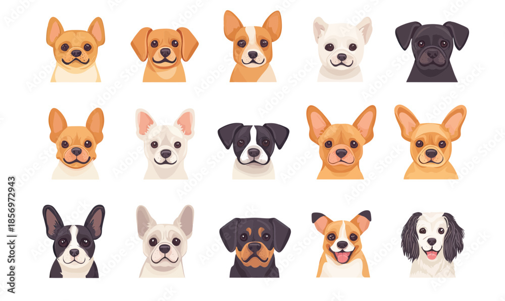 Fototapeta premium Collection of diverse small dog breed faces icons in flat minimalist vector style with cartoon expression and various dog colors and ears shapes isolated on white background