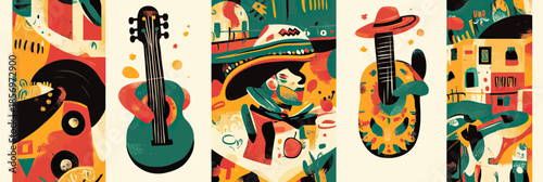 Colorful Mexican cultural celebration vector illustration with guitar, sombrero, festive elements and traditional costume in flat minimalist style poster design