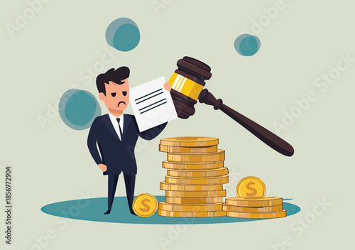 Sad businessman holding legal fine notice next to large stacks of gold coins with oversized judge gavel symbolizing penalty payment concept flat vector illustration