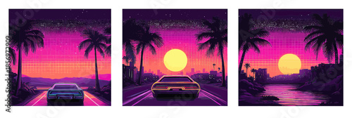 Retro futuristic synthwave vector triptych with muscle car driving on neon purple grid road at sunset, palm trees, city skyline, and glowing sun in vaporwave style