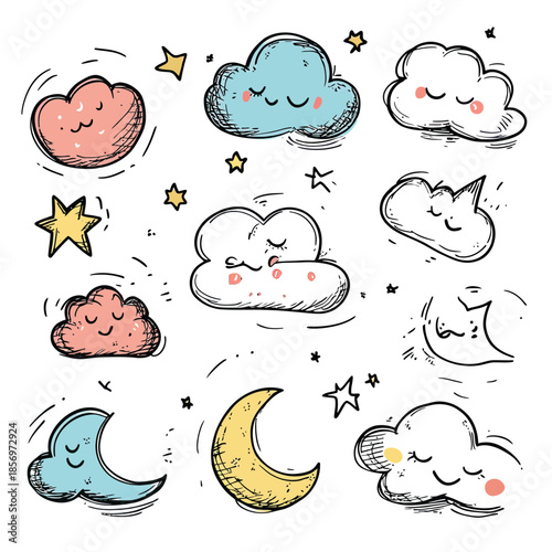 Hand-drawn cute sleeping clouds crescent moons stars doodles in pastel colors sketch style vector illustration for relaxation dreams night theme design elements
