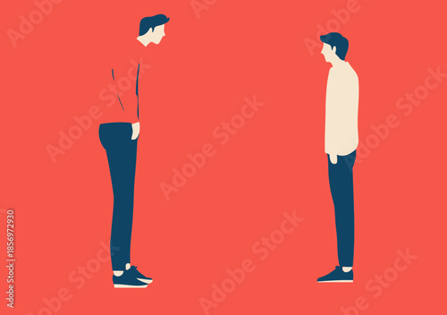 Sad man standing on pedestal comparing himself with taller confident man on pedestal against red background concept of social comparison and self doubt illustration