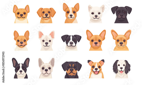 Collection of diverse small dog breed faces icons in flat minimalist vector style with cartoon expression and various dog colors and ears shapes isolated on white background