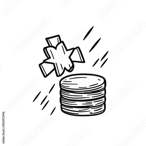 Hand drawn sketch style icon of bonus point symbol with stack of coins reward concept for loyalty program and gift incentive illustration in black and white line art