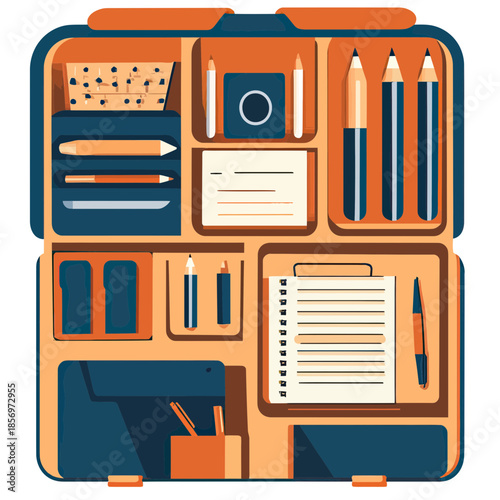 Top view organizer case with pencils pens notebook eraser sticky notes and stationery supplies in flat minimalist style for office and school use vector illustration