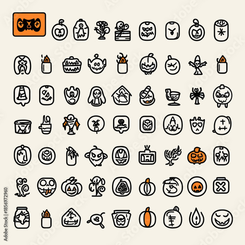 Halloween icon set with 54 spooky line art illustrations including pumpkins, ghosts, skulls, candles, bats, witches, and haunted house symbols in minimalist vector style for holiday design projects