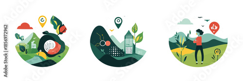 Circular economy concept icons set with green energy, sustainable buildings, renewable resources, and environmental conservation illustration in flat style