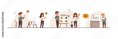 Customer feedback user experience rating concept with diverse people selecting emoji satisfaction icons and dialogue bubbles in flat vector style