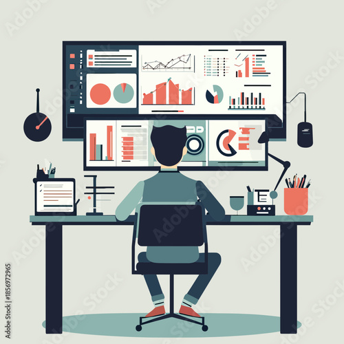Person analyzing business data and charts on multiple computer monitors in modern office workspace flat vector illustration