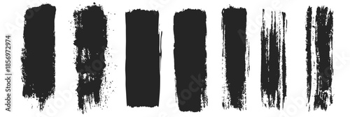 Set of black grunge paint brush strokes with distressed textured edges in vertical isolated vector banners for design backgrounds and artistic effects