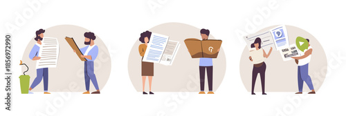 Group of diverse people reading and analyzing newspapers and social media content, verifying information, flat minimalist vector illustration