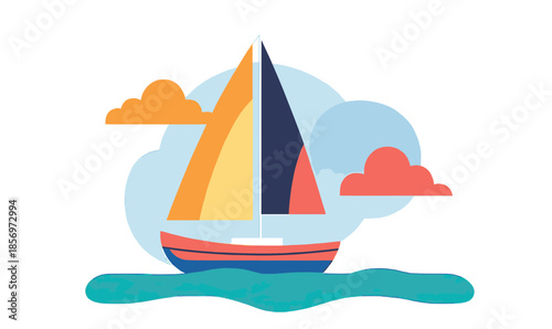 Colorful sailboat with bright sails floating on calm sea under vibrant clouds flat minimalist vector illustration for leisure travel adventure and relaxation concept