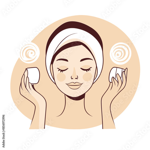 Woman with towel wrapped on head applying facial cream holding two jars calm skincare routine beauty treatment illustration